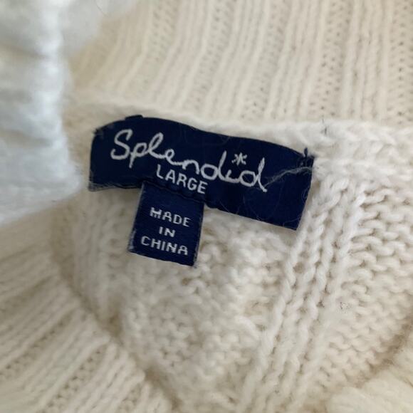 Splendid color block cotton turtleneck sweater ivory gray cable knit fisherman L - Picture 2 of 16